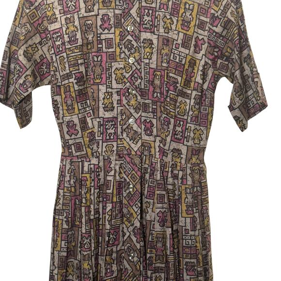 Vintage Muriel Ryan Division of Serbin Tiki Print Button Up Shirt Dress Pockets - Picture 4 of 7